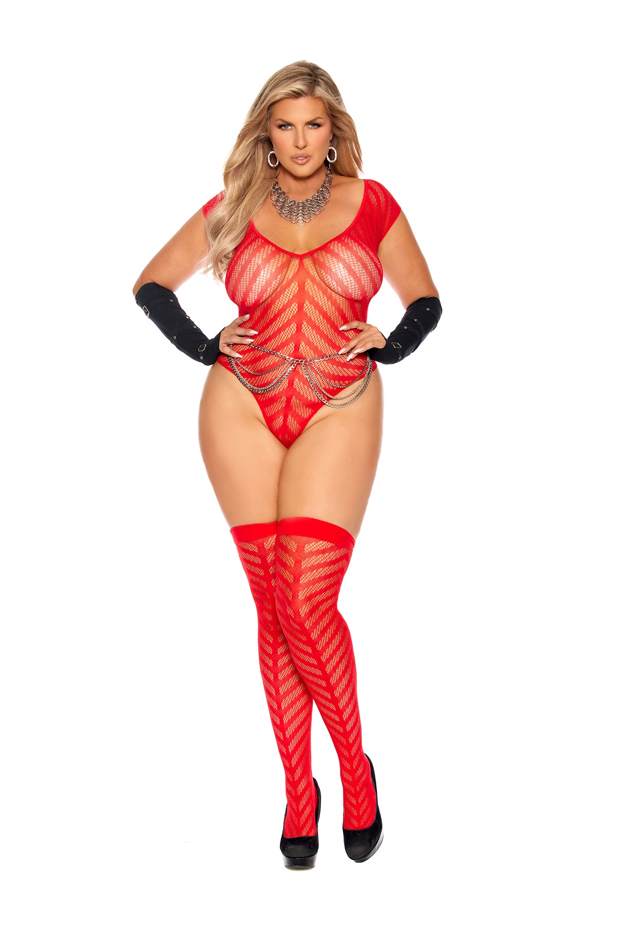Plus Size Red Chevron Striped Crochet Teddy Set - Lindsay's Shop